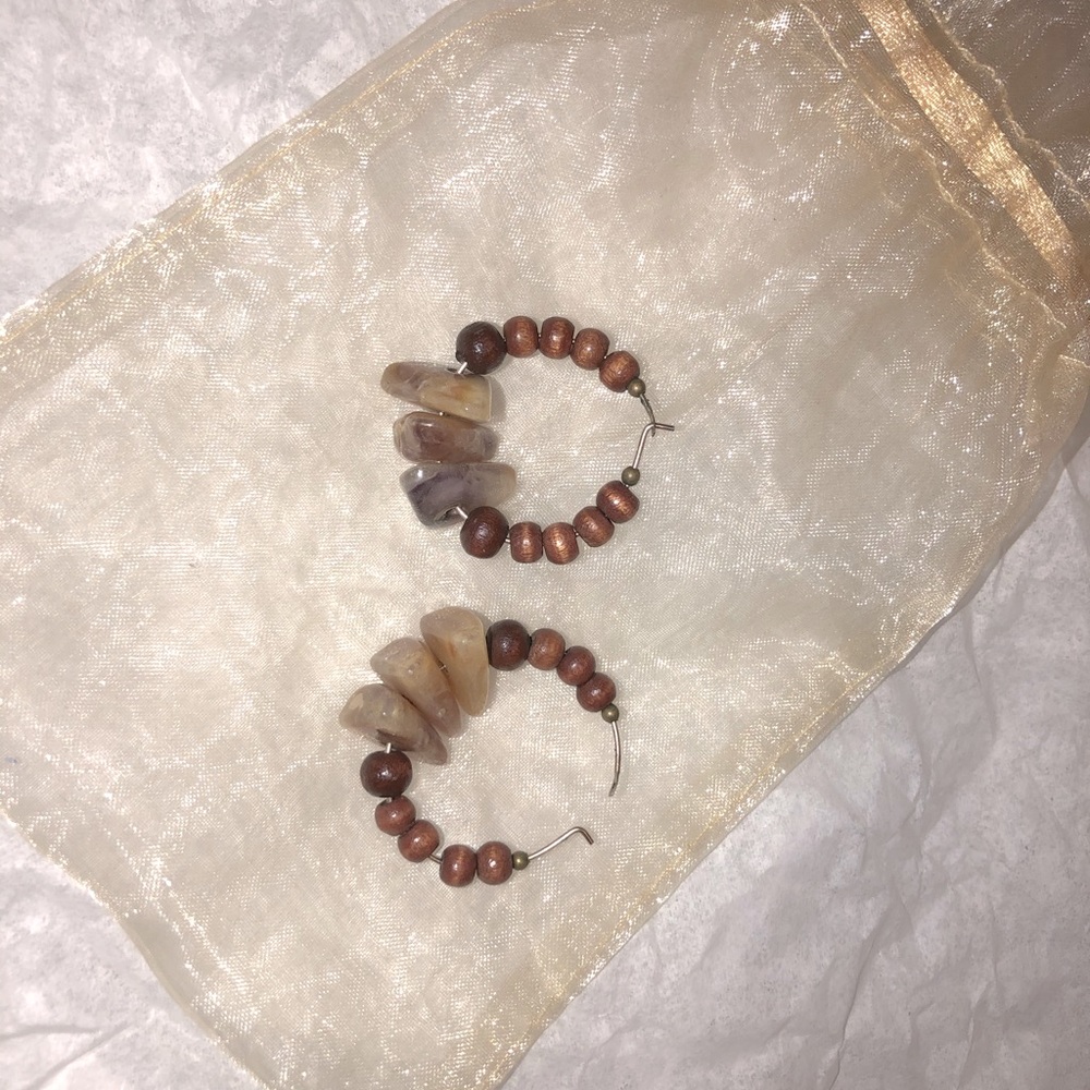 Vintage wood/stone beaded hoop earrings